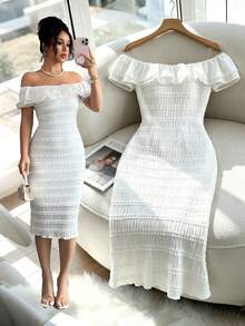 Summer Elegant Off-Shoulder Ruffle Bodycon Dress - White - View 4