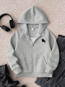 Conjunto de 2 piezas/Set Sudadera con capucha y cremallera y pantalones de pierna ancha para niñas, Sudadera con capucha y cremallera con estampado de caballero negro + pantalones de chándal de pierna ancha a juego, adecuado para primavera, verano, otoño, reuniones familiares, regreso a la escuela, deportes y otras ocasiones - Gris - Ver 7