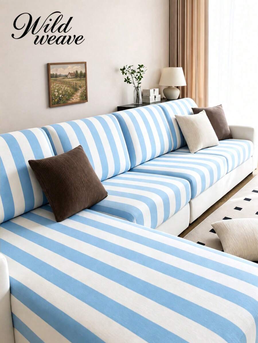 1pc Striped Print Milk Silk Sofa Cushion Cover, High Elasticity Dust-Proof Stain-Resistant Removable Washable All-Season Sofa Slipcover, Suitable For Kitchen, Living Room, Bedroom, Balcony, Garden And Multiple Occasions, 1 Piece Sold Not Set Sofa Cushion Protective Cover