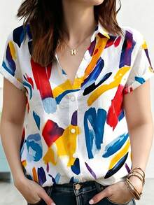 Abstract Color Block Art Print Plus Size Women's Button Down Short Sleeve Shirt Blouse Vacation Summer - Multicolor - View 2