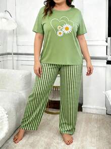 2pcs/Set Summer Pajama Set, Daisy Print Top With Striped Loose Pants, Daily Home Wear, Fashionable Comfortable Breathable Casual Outfit - Green - View 4