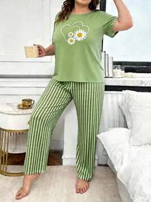 2pcs/Set Summer Pajama Set, Daisy Print Top With Striped Loose Pants, Daily Home Wear, Fashionable Comfortable Breathable Casual Outfit - Green - View 6