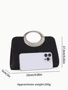 Women's Evening Clutch Bag, Ruched Solid Color Pattern, Satin Fabric, Rhinestone Metal Ring Handle, Elegant & Luxurious, Suitable For Wedding, Party, Banquet, Dance - Black - View 7
