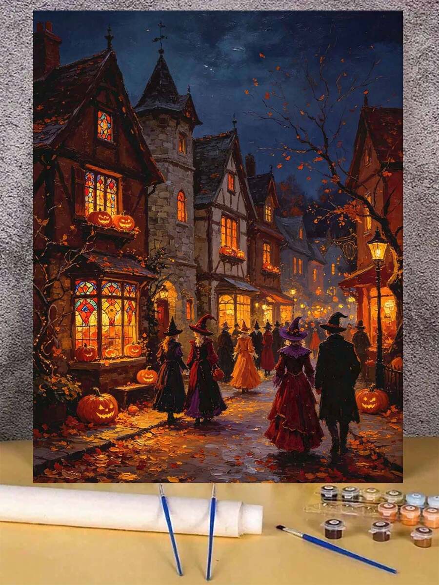 Halloween Street DIY Digital Oil Painting, Canvas Art For Beginners, Paint By Numbers Kit For Adults, Home Wall Decor, Halloween Gifts.