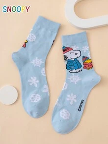 1 Pair SNOOPY Series Authentic Puppy Snowflake Pattern Fun Personalized Cartoon Men's Mid-Calf Socks, Christmas Style - Multicolor - View 3
