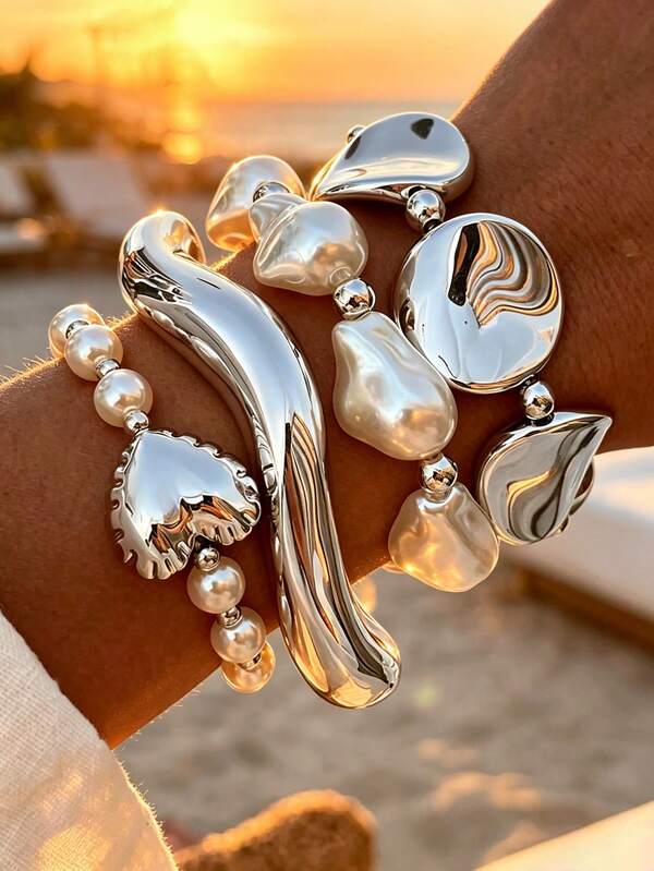 4/1pc Vintage Elegant Baroque Pearl Beaded Bracelet And Silver CCB Open Bangle, Suitable For Women's Daily Wear, Party, Date And Vacation, Gift