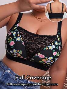 Plus Size Women's Lace Patchwork Floral Print Bra, Wireless Casual Comfortable Back Design Thin Sports - Black - View 5