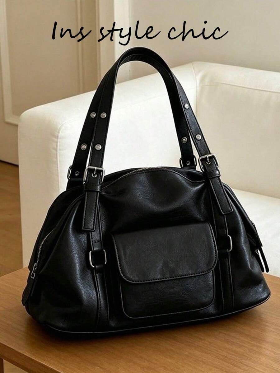 American Vintage Distressed Soft Leather Pillow Bag, Metal Buckle Adjustable Shoulder Strap, Front Pocket Design, Hot Girl Commuter Handheld Shoulder Boston Women's Bag - Black - View 1