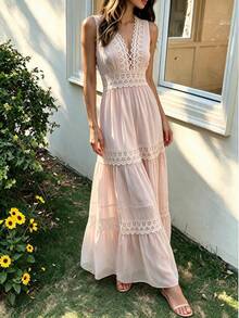 Gaun Maxi Chiffon Elegan untuk Pesta Musim Gugur, Leher V Seksi dengan Hiasan Renda, Cocok untuk Prom; Hiasan Renda Bersegmen dan Desain Ruffle Berlapis-lapis Warna Pink - Berwarna merah muda - View 4