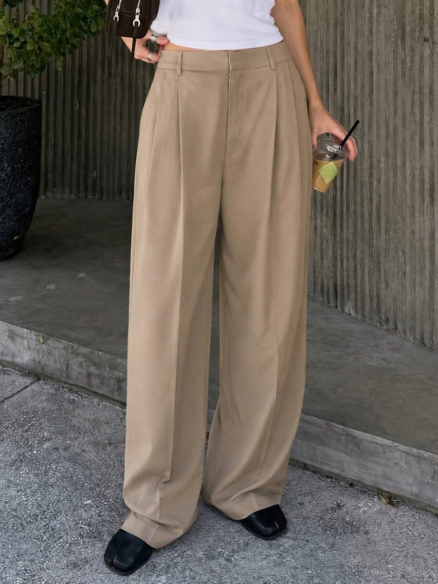 Fall/Winter Khaki Wide Leg Pants Women's Draped New High Waist Relaxed Fit Formal Pants Commute Slimming Long Pants - Khaki - View 1