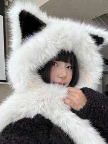 Women's Thick Fleece Scarf Hat With Fox Ears, Windproof Warm Neck Warmer, Face-Slimming Beanie For Autumn And Winter - A - View 5