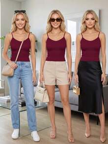 Top tank blusa de mujer canalé de tirantes estampado liso crop básico varios colores - Burdeos - Ver 6