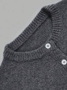 Nicenter Women's Fall Winter Grey Casual Crew Neck Button Front Long Sleeve Wool Blend Sweater Cardigan, Casual Simple For Office Daily Home Date - Grey - View 4