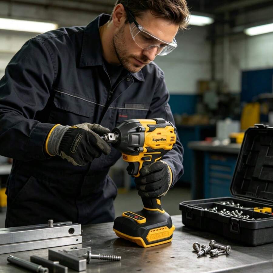 SuperPan Rechargeable Electric Tool Brushless Cordless Impact Wrench 20V 3-Speed Forward + 2-Speed Reverse Suitable For M6-M16 Bolts Industrial Grade Home Multi-Function Electric Wrench Car Repair / Woodworking / Scaffolding / Installation All-In-One Machine (Bare Tool - Battery Not Included) - Yellow - View 1