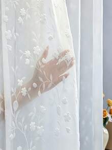 1 Panel White Floral Sheer Voile Curtain, Full Embroidery, Rod Pocket Top, Suitable For Living Room, Bedroom, Room Decor Curtains, Multiple Room Types - White - View 1