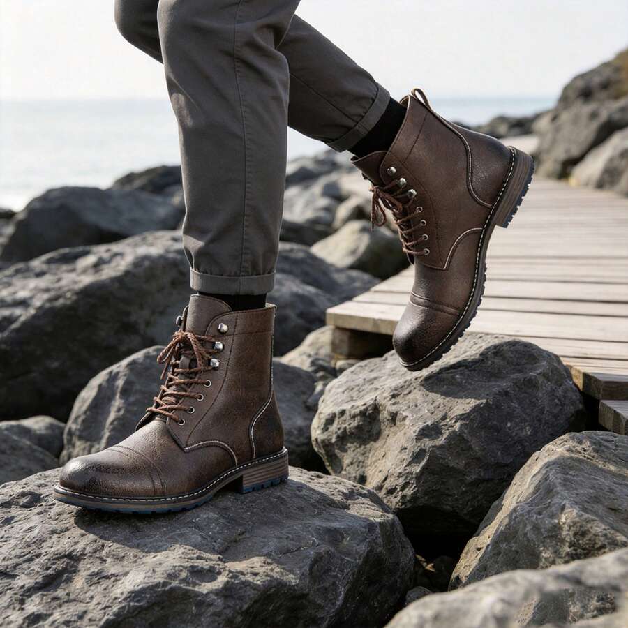 Men's Vintage Work Boots Round Toe Thick Sole Casual Ankle Boots For Outdoor And Commuting - Rust Brown - View 1