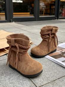 1 Pair Kids' Vintage Ruched Mid-Calf Boots, Woven Lace Drawstring Decor Soft Surface Boots, Suitable For Casual Outings, Holiday Gatherings, Autumn/Winter - Khaki - View 5