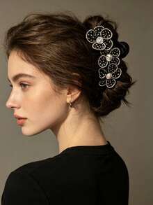 1件裝奢華水鑽花朵髮夾，鑲鑽女士復古優雅髮飾 - 黑色 - 查看 2