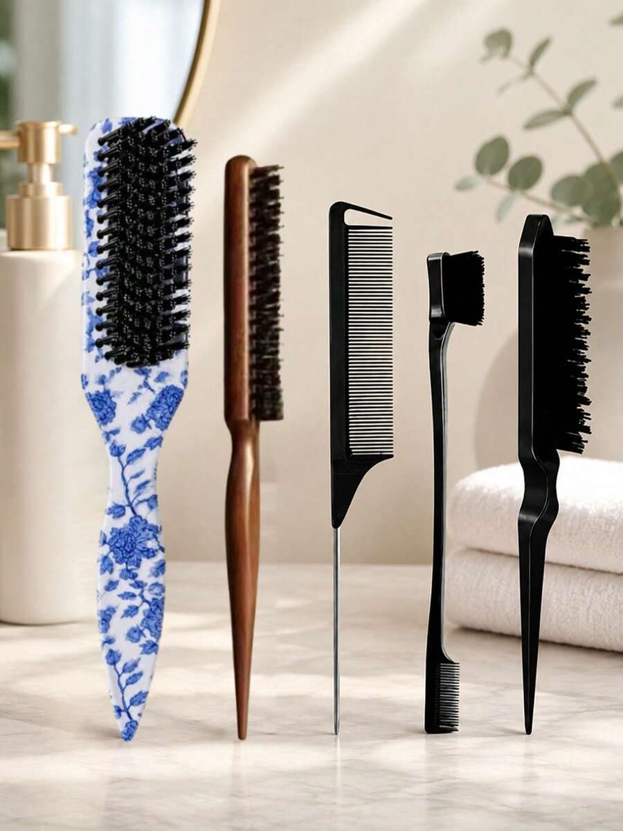 5/1pc Comb Set, Unisex Smooth Back Comb, Plastic Hair Brush/Beard Brush, Styling Comb, Unscented Hairdressing Comb, Edge Control Comb, Wide Horse Tail Design With Wide Pointed Tail Back Comb And Detangling Comb, Convenient For Parting, Styling, Polishing And Smoothing Hair, Creating Smooth Frizz-Free Hairstyle, Suitable For Men And Women, Recommended As Christmas Gift - Multicolor - View 1