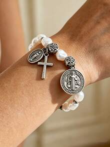1pc Beaded Flower Cross Virgin Mary Charm Bracelet, Fashionable Vintage Style, Suitable For Daily Wear, Jewelry Gift - Cross Bracelet 1 - View 3