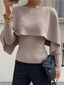 Women's Ribbed Knit Batwing Sleeve Sweater, Elegant Autumn Pullover, Mid-Stretch Long Sleeve Regular Fit Top - Dusty Purple - View 4