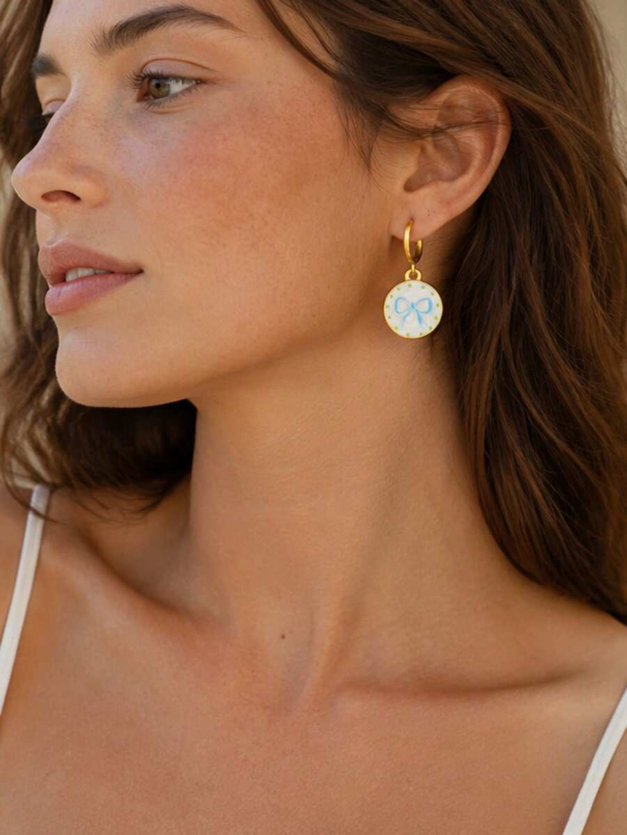 1 Pair Cute Round Tag Blue Bow‑Knot Enamel Huggie Drop Earrings Gold ...