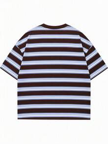 Oversized Loose Fit Pink Contrast Striped Print Cute Y2K Style T-Shirt, Loose Fit Round Neck Short Sleeve Oversized Tee Brown Casual Summer - Brown - View 4