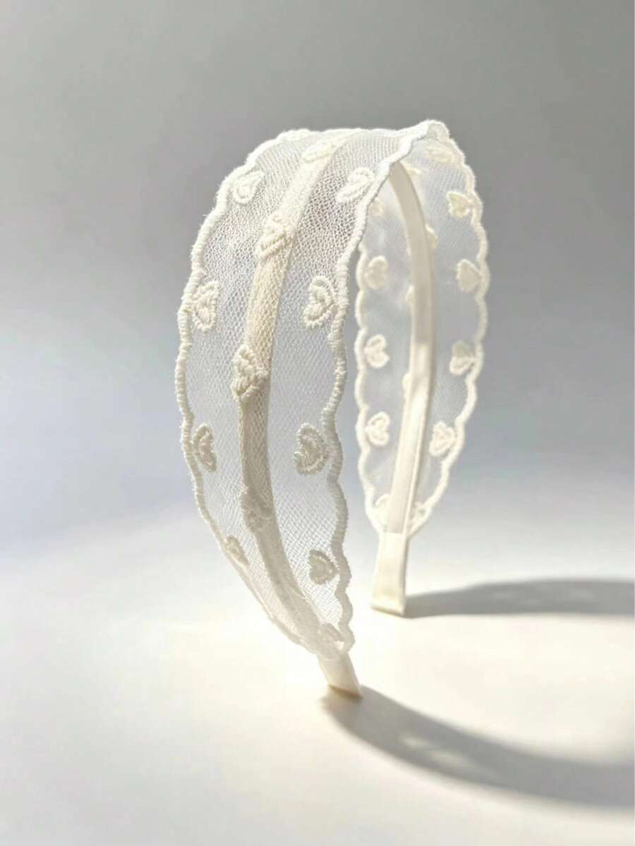 1件法式白色愛心刺繡蕾絲髮箍,復古優雅女款髮飾,秋季時尚配件,婚禮配件,日常通勤時尚配件 - 白色A1 - 查看 1