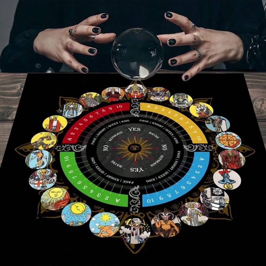 1件塔羅輪祭壇布，大阿爾卡那塔羅牌圖案占卜桌墊，巫術塔羅閱讀布 - 彩色 - 查看 1