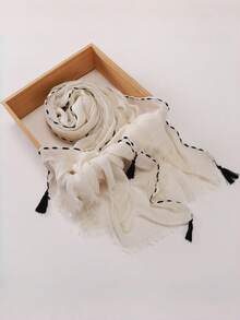 1pc Perforated Drawstring Tassel Hijab, Women Muslim Modest Headscarf, Hand‑Made Textured Tie‑Dye Scarf Shawl - Tassel String-through Textured Scarf - View 11