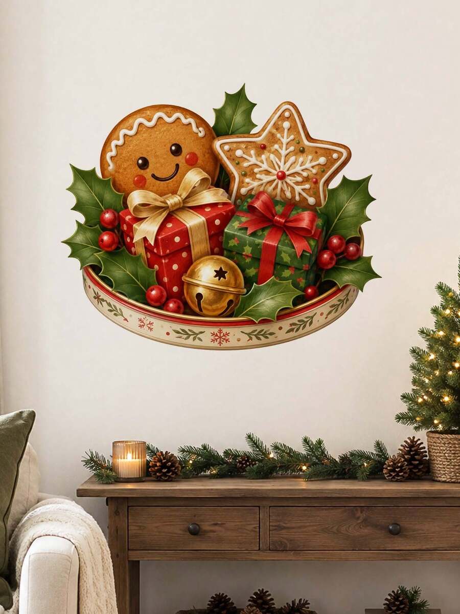1pc Christmas Gingerbread Cookie & Gift Box Wall Sticker, Holly Berry & Jingle Bell Wall Decal, Self-Adhesive Removable Waterproof PVC Peel And Stick Wall Decor For Kitchen Dining Room Living Room, Holiday Home Decoration - Christmas Gift Tray Theme Wall Sticker - View 1