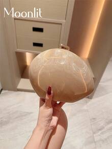 Moonlit Eve Bag 1件裝 水波紋迷你壓克力不對稱晚宴手拿包，高級金屬珠扣設計，優雅方盒晚宴包，適合派對女孩、新娘、大學生、職場新人與白領女性，適用於派對、舞會、婚禮，完美搭配舞會配件，附金屬鍊條，隨機花紋 - 杏色 - 查看 2