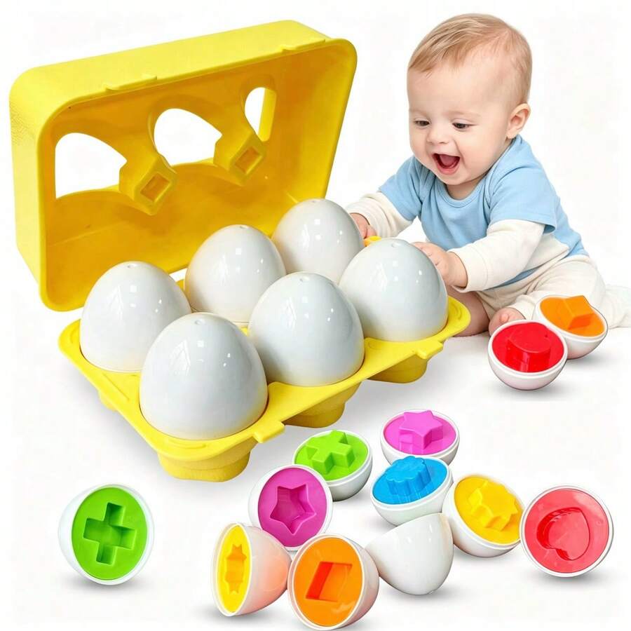 Matching Eggs Toddler Montessori Toy, 12 Pcs Shape & Color Recognition Puzzle Egg Set, Fine Motor Skill Learning Gift With Egg Carton Storage Box - Multicolor - View 1