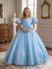 Young Girls 3D Floral Embroidered Mesh Elegant Princess Dress, Suitable For Parties, Headband Not Included - Baby Blue - View 2