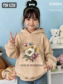 Autumn Girls Hoodie With Floral Print & "GOD IS WORKING" Graphic, Long Sleeve, Cuffed Hem - Apricot - View 3