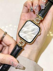 1pc Women's Double Heart Interlocking Rhinestone Metal Soft Breathable Watch Band, Personalized Suitable For 38/40/41/44/45/49/42/46mm S11/SE3/Ultra3/Ultra/SE/SE2/10/9/8/7/6/5/4/3/2/1 - Black Gold Buckle - View 2