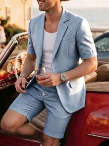 Men's Lightweight Suit Set, Short Sleeve Blazer And Shorts Casual Outfit, Suitable For Daily Wear, Casual Commuting, Summer - Navy Blue - View 2