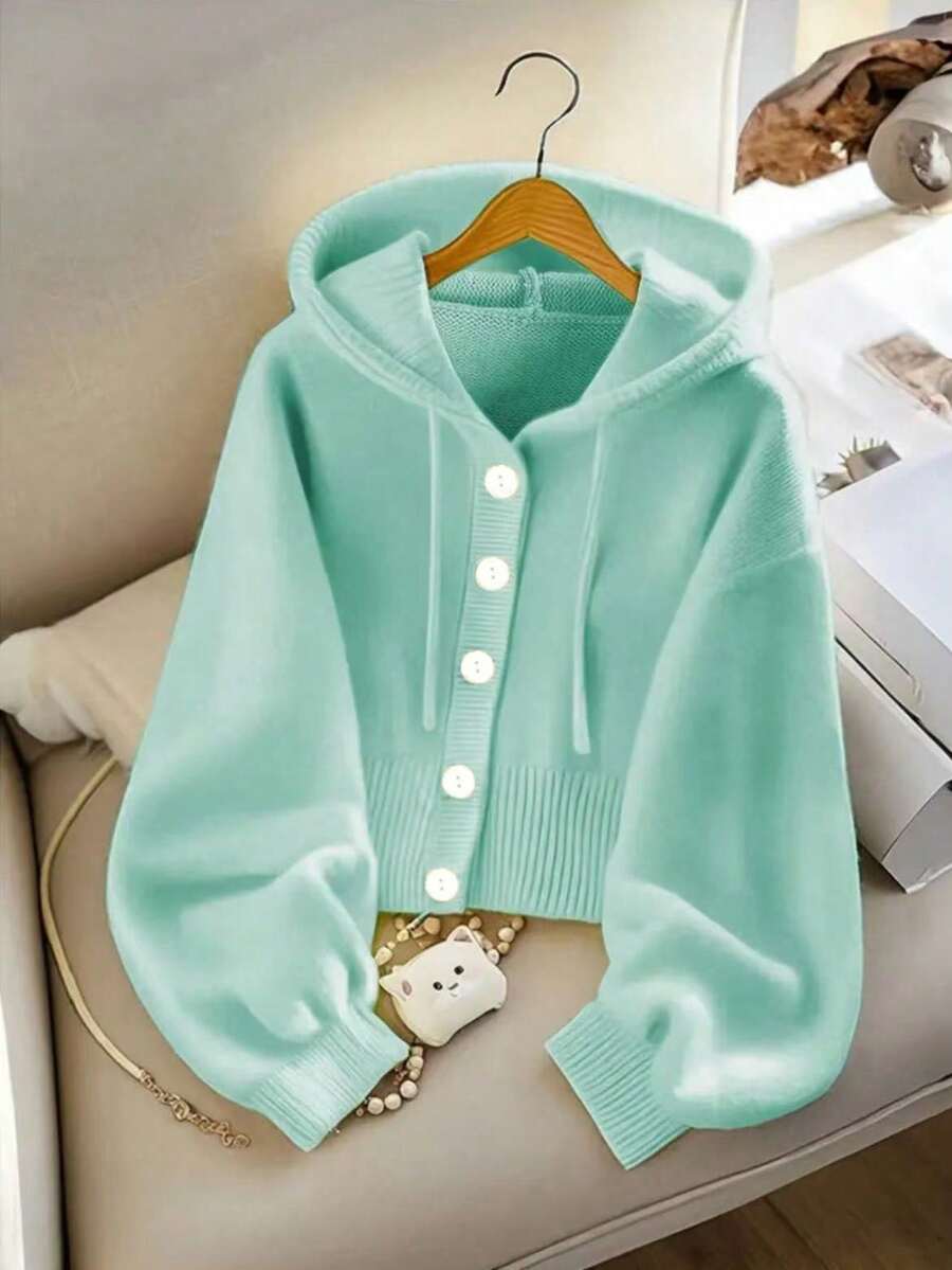Women's Solid Color Single-Breasted Long-Sleeve Hooded Knit Jacket Yellow Autumn - 綠色 - 查看 1