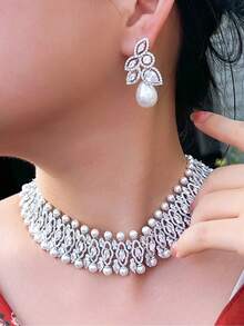 1 Set Luxurious Silver Plated Cubic Zirconia Wide Choker Pearl Necklace And Earrings Wedding Brides Jewelry Set For Women Banquet Party Anniversary Gift - White - View 3