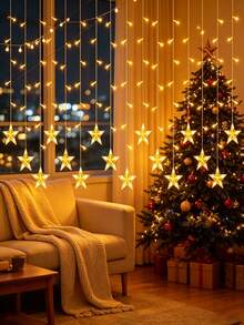 1pc Star-Shaped Waterfall Curtain Light, Star-Shaped LED String Lights, USB Powered, 8 Lighting Modes, Suitable For Home, Window, Wedding, Party, Christmas, Patio, Garden, Wall Decoration, Christmas Window Decor, Room Decoration Light - Warm Light - View 6