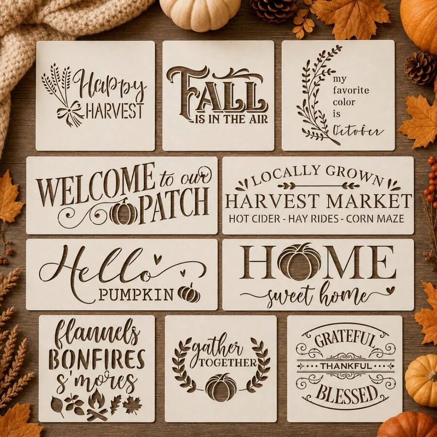 10Pcs Farmhouse Fall Thanksgiving Harvest Pumpkin Blessed Rustic Pattern Painting Stencils Reusable PET Plastic Templates For Wood Signs Wall Fabric Canvas DIY Crafts - Sets - View 1