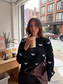 Women's White Crew Neck Heart Graphic Long Sleeve Knit Sweater, Loose Casual Pullover Top For Fall Winter, Cozy Everyday Streetwear Outfit - Black - View 6