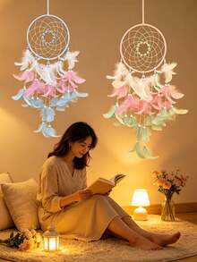 1pc Girls Dream Catcher, Butterfly Center, Pink And White Mixed Feathers And Transparent Beads, Bedroom Pink Decoration, With Decorative Box And White Raffia - Multicolor - View 7