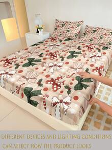 1PC Christmas Theme Fitted Sheet (Fitted Sheet Only, No Pillowcase), Vintage Plaid And Holly Pattern Fitted Sheet, Soft And Comfortable 100% Polyester Fabric, Suitable For Bedroom, Guest Room, School Dormitory Fitted Sheet, Easy To Remove And Machine Washable All-Season Mattress Protector - Multicolor - View 6
