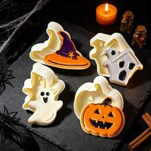 4pcs Pumpkin Haunted House Ghost Magic Hat (Beige Cookie Stamp) Halloween Spring Press Cookie Mold Set, Shaped Cookie Cutter For Home DIY Fondant Cookie Press, Holiday Baking Tool, Handmade Cartoon 3D Cookie Stamp Cake Decoration Small Tool - View 1