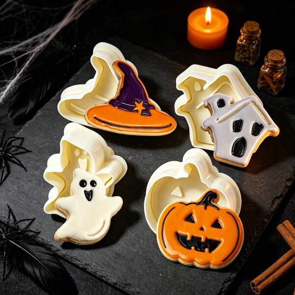 4pcs Pumpkin Haunted House Ghost Magic Hat (Beige Cookie Stamp) Halloween Spring Press Cookie Mold Set, Shaped Cookie Cutter For Home DIY Fondant Cookie Press, Holiday Baking Tool, Handmade Cartoon 3D Cookie Stamp Cake Decoration Small Tool