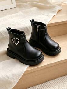 1 Pair Girls' Sweet & Cool Heart Button Ankle Boots, Convenient Side Zipper Versatile Ankle Boots, Suitable For Holiday Outfits, Outdoor Activities, All-Season Wear - Black - View 8