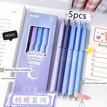 5pcs/1pc Collect Moonlight Retractable Gel Pen Set, Gradient Blue Star & Moon Print 0.5mm Black Ink Smooth Writing Ballpoint Pens, Fresh Macaron Cute Student Exam Stationery - Multicolor - View 13
