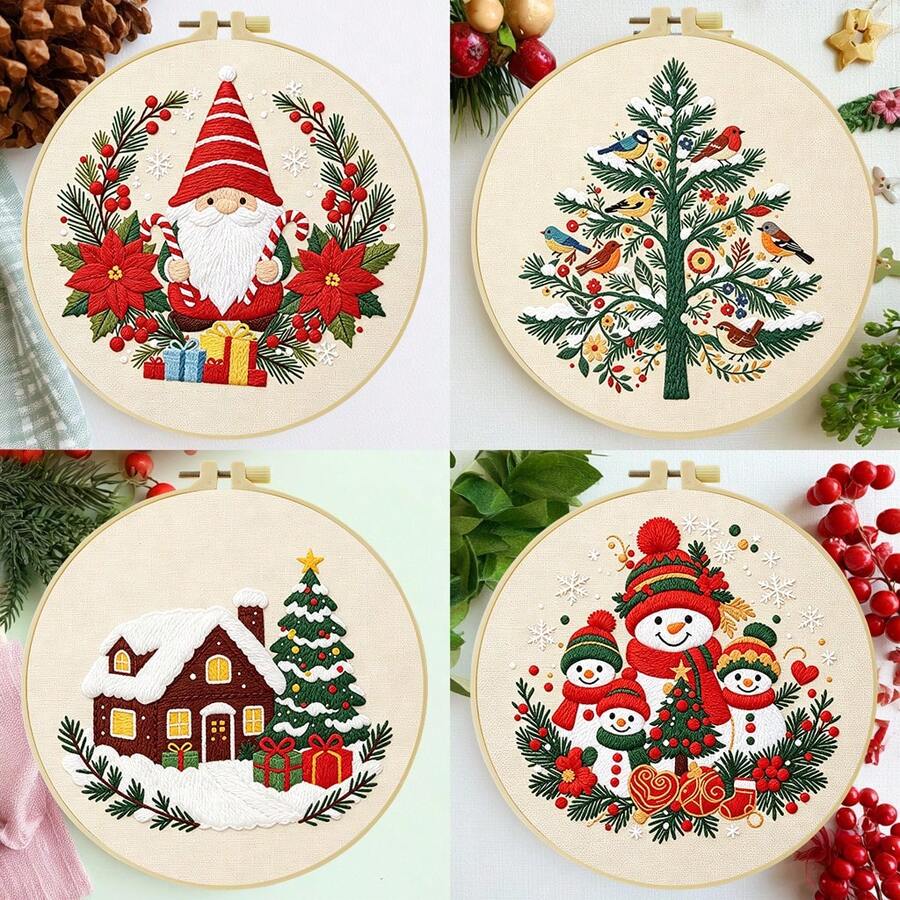 Christmas Cartoon Theme Embroidery Kit, 1 Pack Cross Stitch Kits,DIY Embroidery Starter Kit For Adults & Beginners, DIY Needlepoint Kit With Embroidery Hoop Thread Needle For Craft Lover Birthday Christmas Gifts ,20*20cm/7.9*7.9in