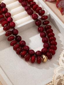 OABE 2pcs/Set Vintage Elegant Elegant Burgundy Beaded Layered Necklace Suitable For Women's Daily Wear - Burgundy - View 6